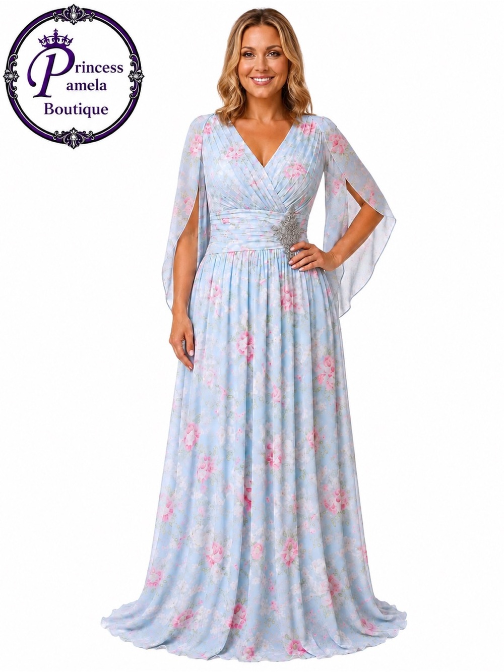 #3-15 Aqua floral  drape back dress.  Pleated bodice-Large -Size 12